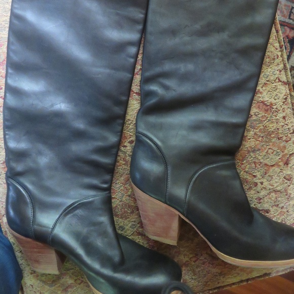 black leather booties with wooden heel